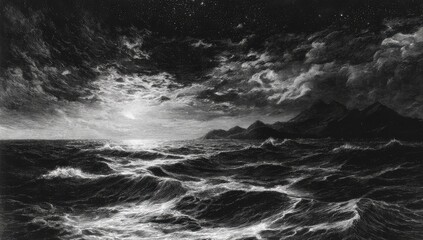 Dark, stormy seas under a night sky.  Moonlight touches the waves