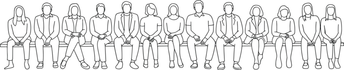 Continuous line drawing of diverse group of seated people on bench, minimal style vector for teamwork, community, and inclusivity concepts