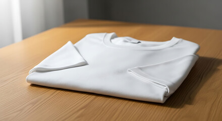 Naklejka premium A pristine white t-shirt neatly folded on a wooden surface, showcasing its clean design and fabric texture.