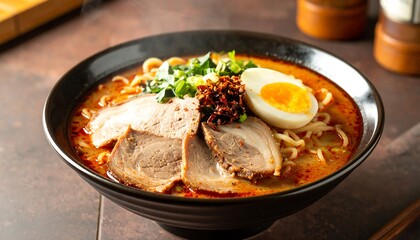 Fototapeta premium Spicy ramen in ceramic bowl