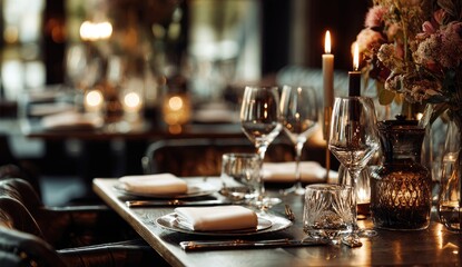 Elegant restaurant table setting, candlelit ambiance, blurred background, event preparation