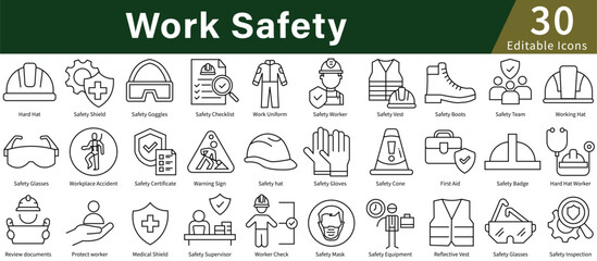 Work Safety Icon Set in Line Style with Editable Stroke for Workplace, Security, Protection, and Industrial Safety