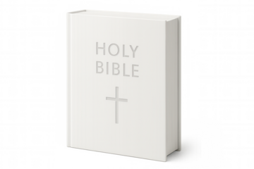 White bible with embossed title and cross isolated on transparent background, ideal for religious or spiritual concepts