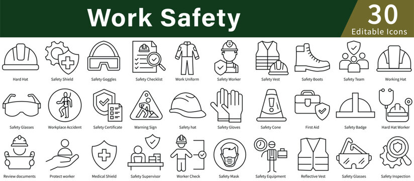Work Safety Icon Set in Line Style with Editable Stroke for Workplace, Security, Protection, and Industrial Safety