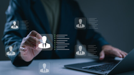 Human resources manager using futuristic digital interface recruitment hiring. Businessman hand selects candidate profile on virtual screen, evaluating their resume corporate employment talent