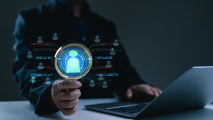 Businessman holds virtual magnifying glass scan digital screen hr, recruitment, talent acquisition. Concept human resources management, technology, searching employees, analyzing customer data.