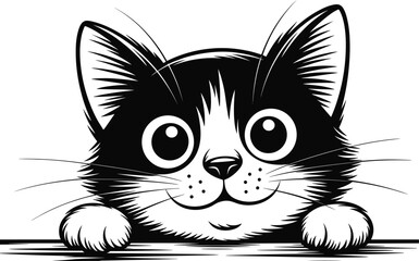 Adorable cartoon cat with big eyes peeking over edge, black and white illustration, perfect for stickers, decor, and children’s design