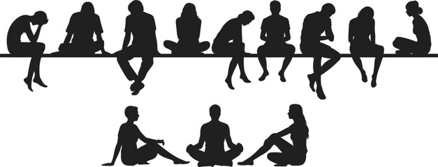 Silhouette group of people sitting on edge and floor, various postures and positions, black vector illustration for design and arSilhouette group of people sitting on edge and floor, various
