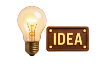 Illuminated Incandescent Light Bulb Symbolizing a Brilliant Idea Next to a Textured Sign with the Word 'IDEA'