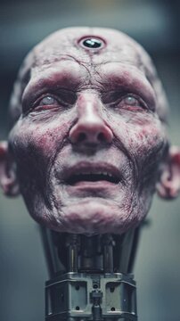 Human alien cyborg head with third eye and mechanical neck showing detailed skin texture veins eerie wrinkles textures surreal