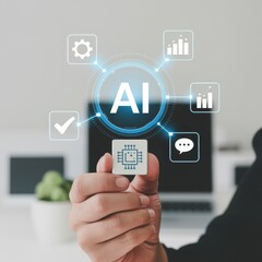 Hand holding chip with A I network artificial intelligence