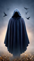 Mysterious Figure in Cloak Amidst Foggy Cornfield with Crows