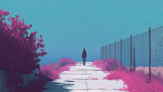 Woman walks path, pink flora, ocean view, surreal digital art, website banner - Powered by Adobe