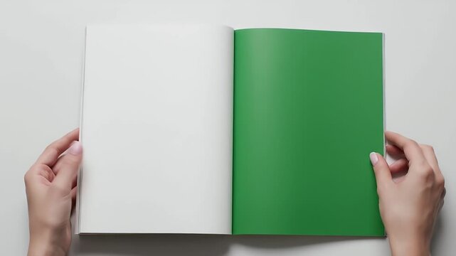 Top-down view of a person's hands holding an open book with a blank white page and a solid green page, a clean mockup for design.