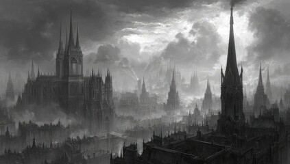 Gray gothic cityscape, ominous clouds