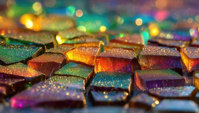 Close-up mosaic of multicolored, glittery shards