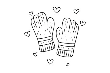 Fototapeta premium Winter Mittens Pair with Hearts, Knitted Texture Warm, Hand Drawn Style, Vector Illustration