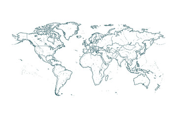 World Map Outline Sketch, Geographic Regions, Global Continent, Vector Illustration
