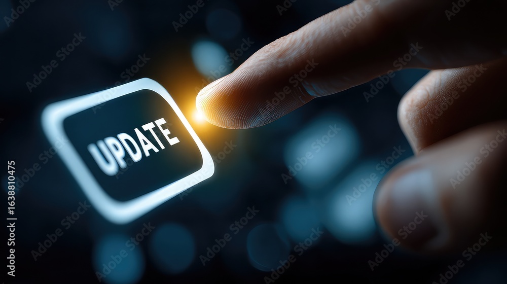 Poster user's finger pressing a glowing digital 'update' button on a dark interface, symbolizing progress a