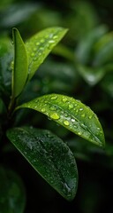 Close-up of vibrant green leaves covered in dew drops (2)