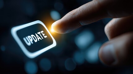 User's finger pressing a glowing digital 'UPDATE' button on a dark interface, symbolizing progress and technological advancement for business.
