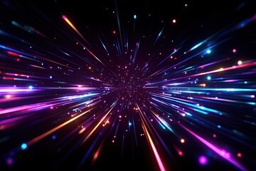 Abstract vibrant burst of light trails, radiating from a central point on a dark background