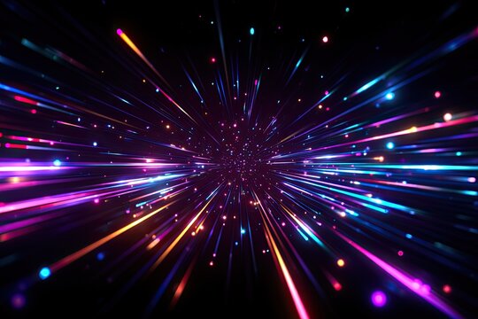 Abstract vibrant burst of light trails, radiating from a central point on a dark background