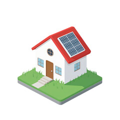 Isometric illustration of a small house with solar panels on its roof, representing sustainable energy.