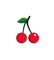 Two red cherries with a green leaf