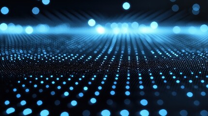 A blue and white abstract digital wave pattern with glowing blue dots and light streaks.