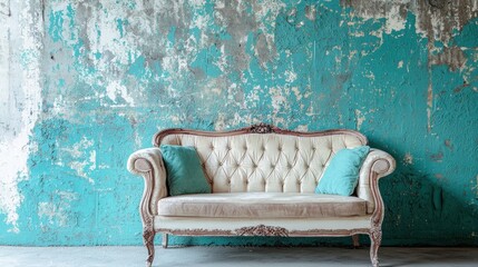 A vintage white sofa with turquoise blue walls and a distressed texture. The sofa has a decorative frame and two cushions with teal pillows.