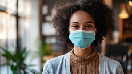 A young woman with curly hair wearing a blue face mask stands in a cozy, dimly lit coffee shop with a wooden table and chairs in the background.