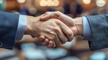 Two men shaking hands in a blurred background. The business concept of collaboration and agreement. The image emphasizes the professionalism and agreement between the individuals.