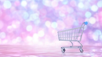 A lone shopping cart stands on a pink and purple bokeh background, with a soft focus effect that gives it a dreamy, ethereal quality.