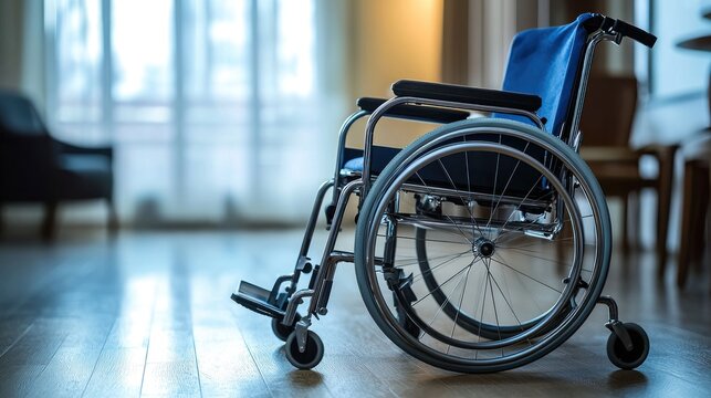 A wheelchair in a spacious living room with a blue seat and black backrest, surrounded by a wooden floor and a large window with sheer curtains.