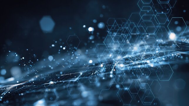 Dynamic digital network with glowing hexagonal shapes representing data flow and connectivity, perfect for technology, science, and innovation projects - Powered by Adobe
