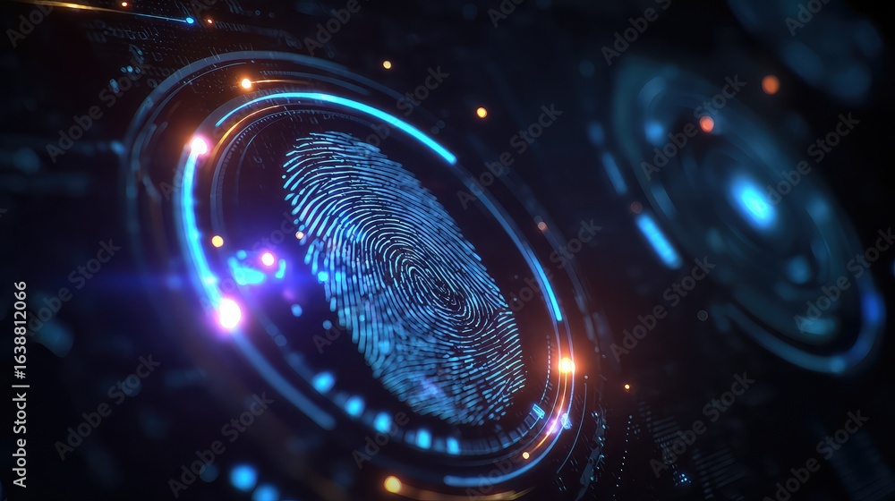 Poster futuristic fingerprint scanner glowing with vibrant blue light, representing security and data prote