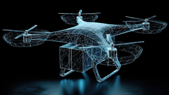 Futuristic drone delivering package concept with glowing wireframe design, representing innovation and fast delivery for e-commerce logistics