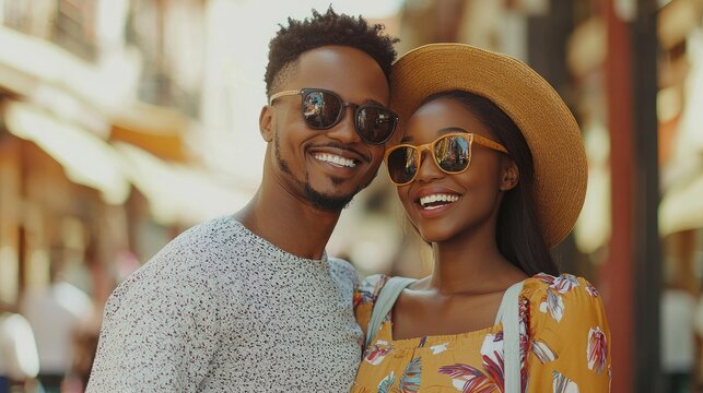 A smiling couple embracing in a vibrant city street, wearing stylish sunglasses and hats, with a background of urban architecture. - Powered by Adobe