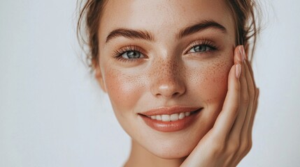 Obraz premium A woman with red hair and freckles, wearing a white top, smiling and touching her face with her left hand.