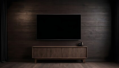 Mockup a TV wall mounted in a dark room with a dark wood wall, created with generative ai