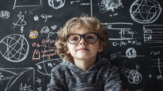 A young boy wearing glasses sits in front of a chalkboard with mathematical equations and diagrams.
