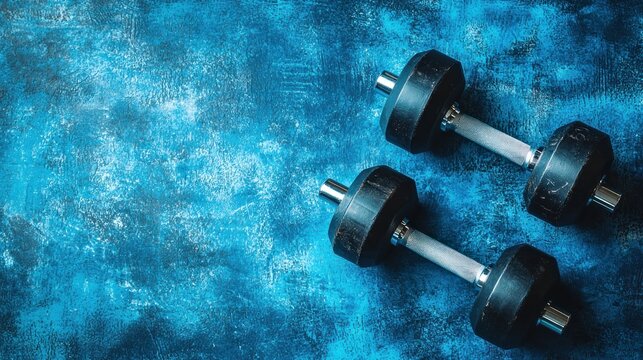 Two black dumbbells on a blue textured background. The fitness equipment concept of strength training is emphasized. The image highlights the contrast between the dark and light colors.