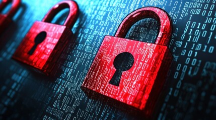 Two red and black padlocks with binary code background