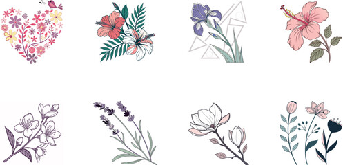 Bundle of 8 Colorful Botanical Flower Illustrations – Vintage Floral Clipart Set for Print, Design, and Digital Art Projects