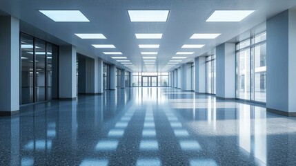 A spacious, modern office hallway with glass doors and large windows, illuminated by overhead fluorescent lights casting shadows on the polished floor.