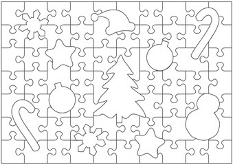 Winter holidays, Christmas or New Year jigsaw puzzle blank template with season shaped and irregular transparent pieces
