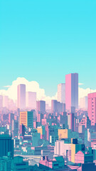 青空の広がる昼間、日本の都会にそびえ立つ高層ビル群を描いた近代的な街並みのイラスト。開放感と活気を感じさせる構図で、観光案内、ビジネス広告、SNS、WEB、印刷物、ポスター、壁紙に活用できる。