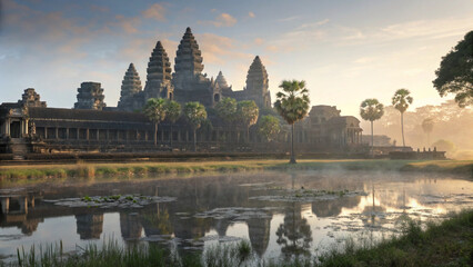 Fototapeta premium Photo of Ancient angkor wat reflects in the morning light, a majestic temple in cambodia, southeast asia