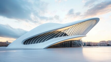 A modern, angular, white building with a glass facade and a curved roof, set against a cloudy sky with a cityscape in the background.